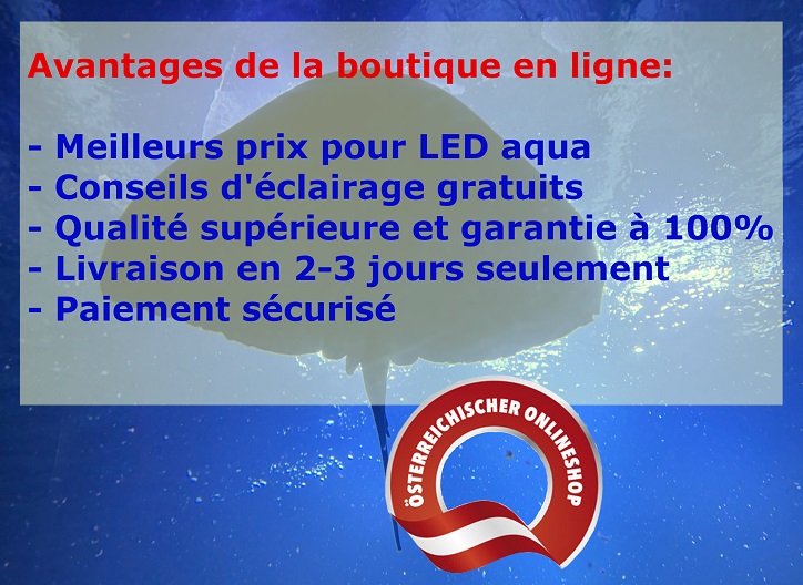 Avantages de la barre lumineuse LED pour aquarium dans la boutique en ligne Garantie du meilleur prix Aqua LED Expert Conseils d'éclairage gratuits par des experts Qualité supérieure et garantie à 100% Livraison en seulement 2-3 jours et livraison gratuite pour les commandes supérieures à 100 euros Paiement sécurisé